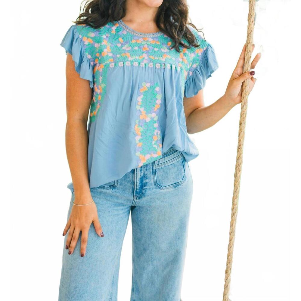NEW LAYERZ CLOTHING addie embroidered tunic top in baby blue pastel multi